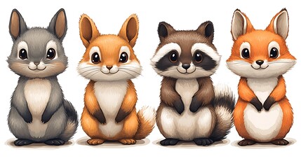 Wall Mural - Cute Cartoon Animals, Rabbit, Fox, Raccoon, Squirrel Illustration