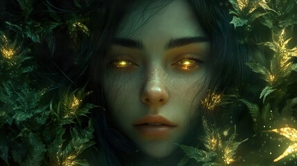 Canvas Print - Glowing Eyes in the Green: A Surreal Portrait