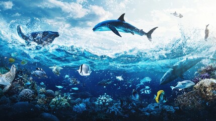 Wall Mural - Vibrant Underwater Marine Ecosystem with Diverse Sea Creatures