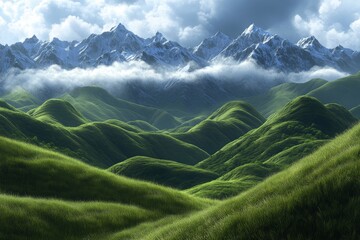 Detailed abstract green landscape wallpaper background illustration design with hills and mountains. Natural green environment, stock image