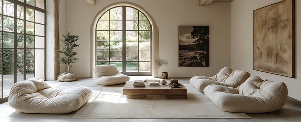 Wall Mural - Minimalist Living Room with White Pillows, Couch and Wooden Coffee Table