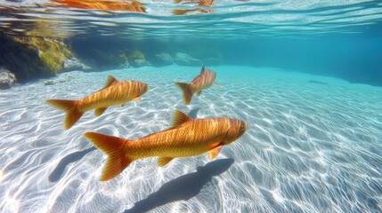 Wall Mural - Three fish swimming in shallow water near a rocky shore, AI