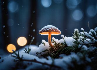 A glowing mushroom in the woods, under the snow