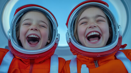 Canvas Print - Two children in space suits smiling at the camera, AI