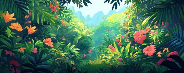 Wallpaper with a watercolor jungle landscape pattern.