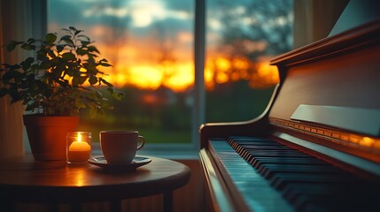 Wall Mural - Piano, Candle, and Coffee by Window at Sunset