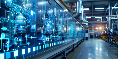 futuristic digital interface in industrial factory, smart manufacturing technology