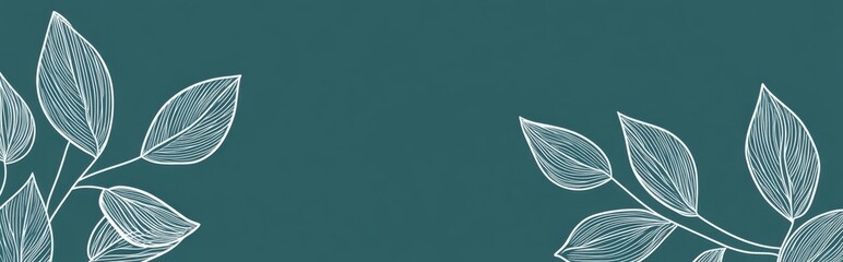 White line drawing of simple leaves on a teal background design for a website banner, simple and elegant design Generative AI