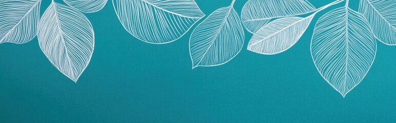 line art of white leaves on a teal background, a simple design with white ink and lines Generative AI