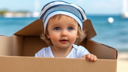 Canvas Print - A baby in a cardboard box with blue hat and sunglasses, AI