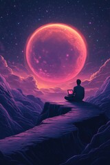 Wall Mural - A man sits in a chair by a river in a purple and orange sky