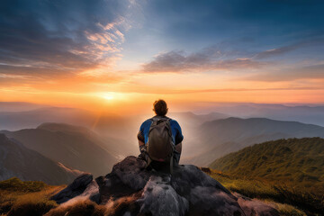 Hiker silhouette on the mountain top.