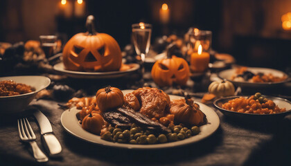 A festive Halloween dinner table adorned with glowing jack-o'-lanterns, plates of food, and flickering candles. The warm lighting and autumn décor create a cozy, spooky atmosphere.