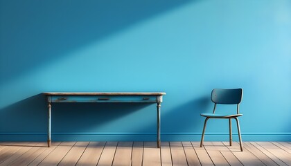 Wall Mural - Vintage minimalist school desk and chair against a blue wall, perfect for web banner design with ample empty space and high-resolution detail