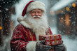 © @Amorea10 - Santa Claus smiling joyfully while holding a beautifully wrapped gift in a snowy village during the festive Christmas season