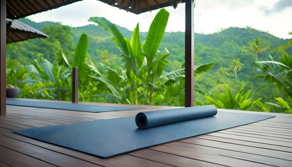 Wall Mural - Tranquil Yoga Escape on Modern Veranda Overlooking Lush Tropical Landscape