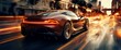 © video rost - Sleek sports car driving at high speed on a city street at night, creating a motion blur effect that enhances the feeling of speed and power. The illuminated urban backdrop adds to the dynamic