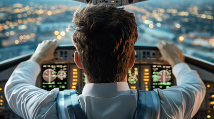 Poster - A man in a cockpit of an airplane looking out the window, AI