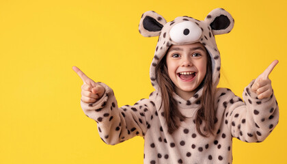 Menina sorridente usando fantasia de animal apontando com as duas mãos em fundo amarelo