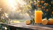 © Thann - A glass of fresh orange juice, sitting on a wooden picnic table in a sunlit orchard, minimalistic style with soft natural lighting, 3D render.