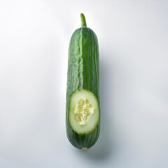 Wall Mural - One long cucumber, cut in half to reveal the flesh, on a white background