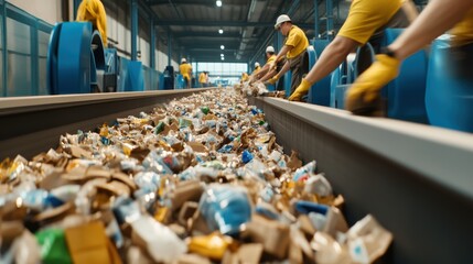 Wall Mural - A group of people working on a conveyor belt with trash, AI