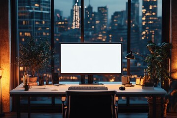 A computer monitor is on a desk in front of a window with a city view