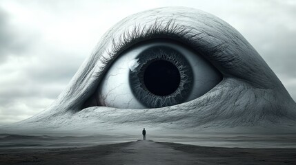 Wall Mural - A person standing in front of a large eye on the ground, AI