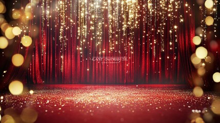 Wall Mural - Red Stage Curtain with Golden Glitter and Lights