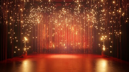 Wall Mural - Red Stage Illuminated by Gold Lights and Curtains