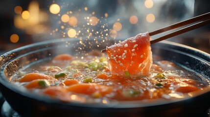 A close-up view of a hot pot, with focus on fresh ingredients being dipped into the boiling broth. Chopsticks holding a piece of thinly sliced beef. Generative AI.