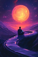 Wall Mural - A man sits in a chair by a river in a purple and orange sky