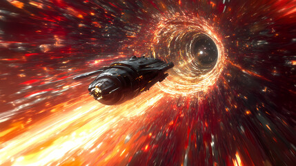 of a spaceship traveling through a time warp in space, space, time warp, travel, spaceship, concept.