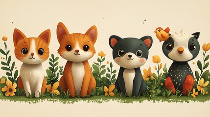 Canvas Print - Cute cartoon animals in a garden with flowers, cat, dog, badger and bird