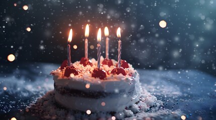 a festive birthday cake with five lit candles on top. The cake is decorated with white frosting and topped with red cherries. The background is dark, with a bokeh effect of soft, out-of-focus lights 