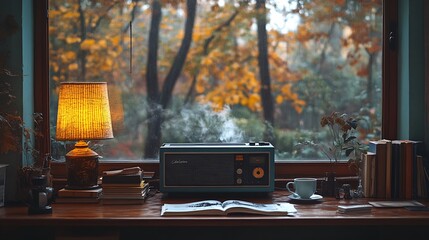 Canvas Print - Cozy Autumn Window with Books, Radio, and Coffee. Cozy Autumn Window Interior