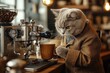 © itchaznong - A cat is sitting at a coffee shop counter, wearing a suit and drinking coffee