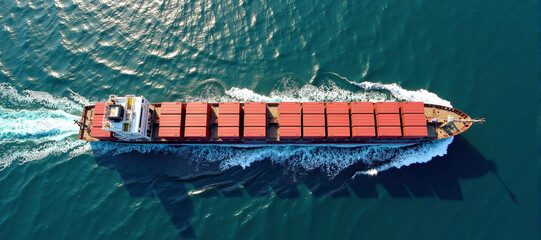 Aerial view on large commercial freighter transports a wide variety of goods on oceans around the world on sea routes