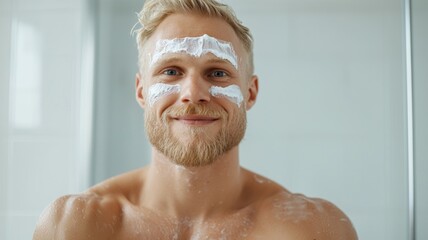 Poster - A man with a beard is smiling and applying makeup to his face