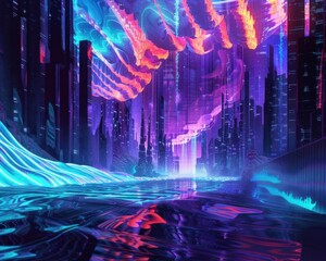 Wall Mural - Captivating Xenowave Landscape Ethereal Biomorphic Forms and Vibrant Neon Drenched Cityscape