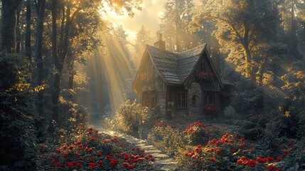 Canvas Print - Enchanted Cottage in a Sunlit Forest