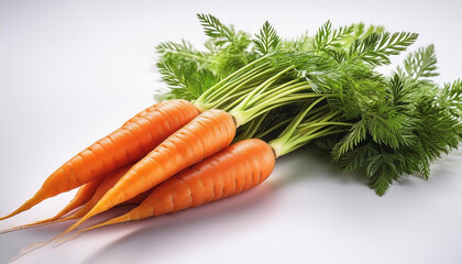 Wall Mural - Some carrots are bright orange with green leaves, standing out against the white background