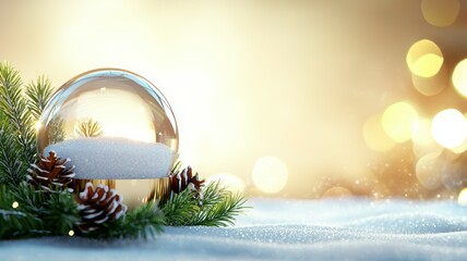 Canvas Print - A glass ball with snow on it is surrounded by pine needles