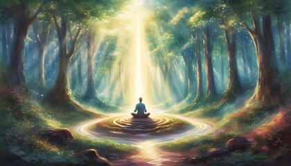 Wall Mural - Serene Meditator Surrounded by Vibrant Energy in a Magical Forest Enclave