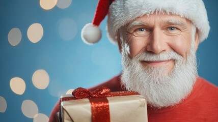 Wall Mural - A man in a Santa hat is holding a gift box