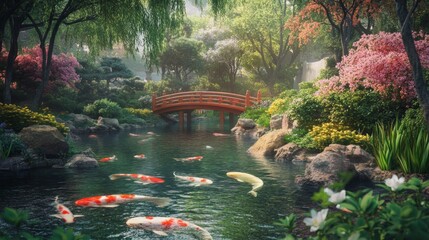 Wall Mural - A serene Japanese garden with a red bridge, koi fish pond, and blooming flowers.