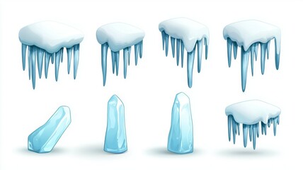 Canvas Print - A set of six images of ice and snow, including a blue ice cube, a snowflake