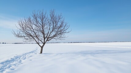 Canvas Print - A lone tree stands in the snow, with a clear blue sky above it