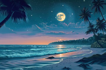 Wall Mural - A beautiful beach scene with a large moon and stars in the sky, generative ai image