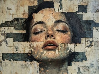 Wall Mural - Woman's Face in Abstract Painting: A Study of Vulnerability